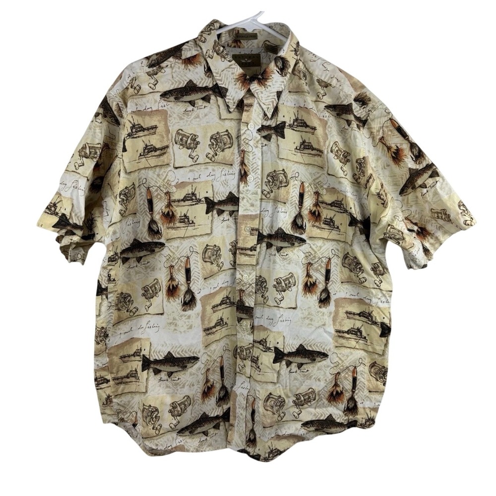 Natural Issue Fishing Shirt Mens Large Tan Brook Trout Lure Boat Short Sleeve